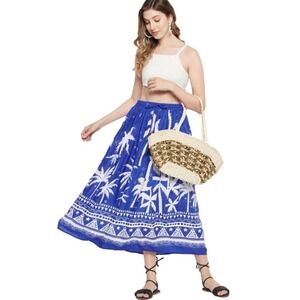 GYPSY BLU Blue and White Elastic Waist Palm Tree Maxi Skirt Sz. Medium